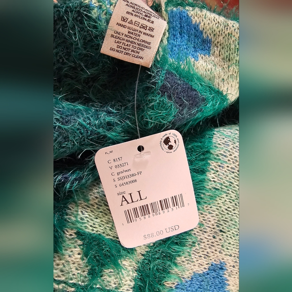 Free People Poncho Green Aztec Sweater Cape One Size New with Tags - Picture 6 of 9